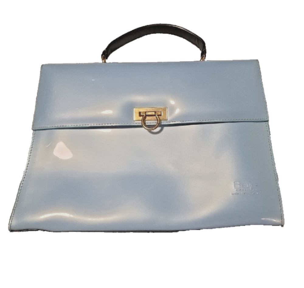 Vintage Beijo Blue Patent Leather Satchel Gold Turn Lock Top Handle Bag